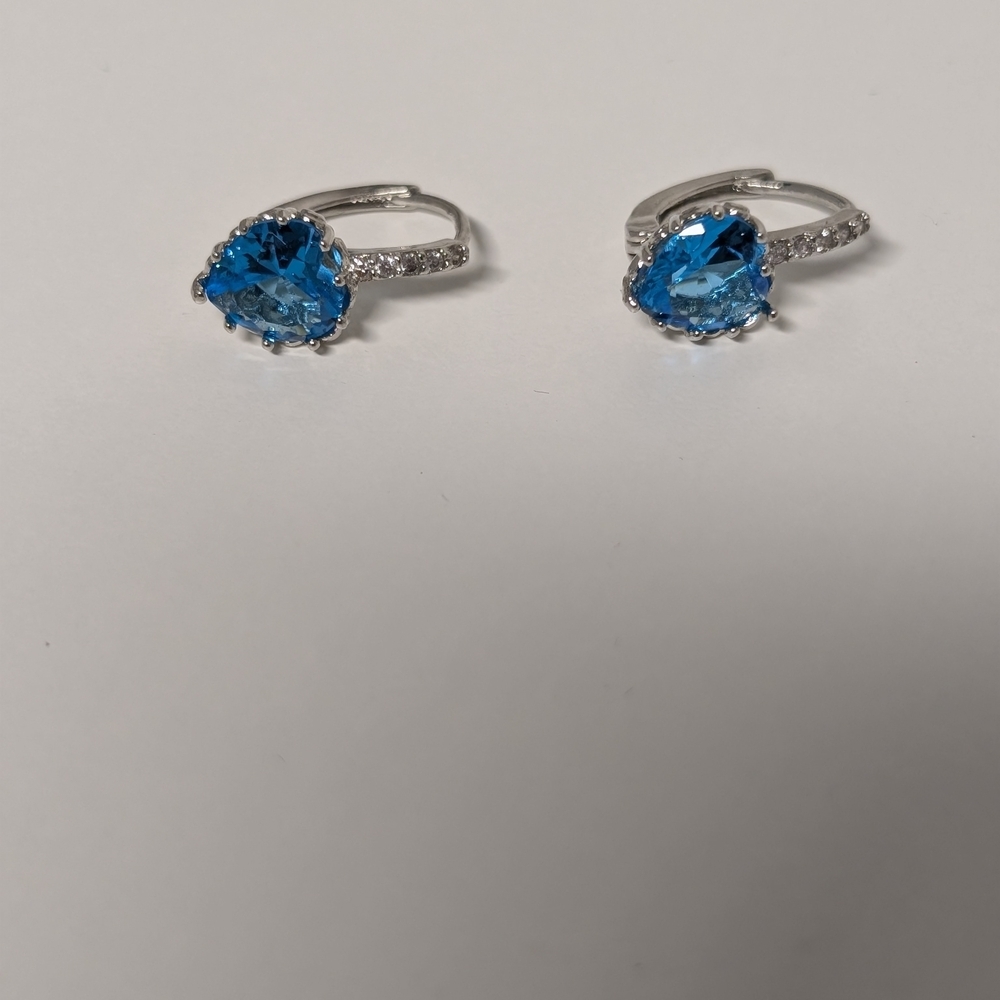 Blue Crystal Heart Drop Earrings - Silver Tone